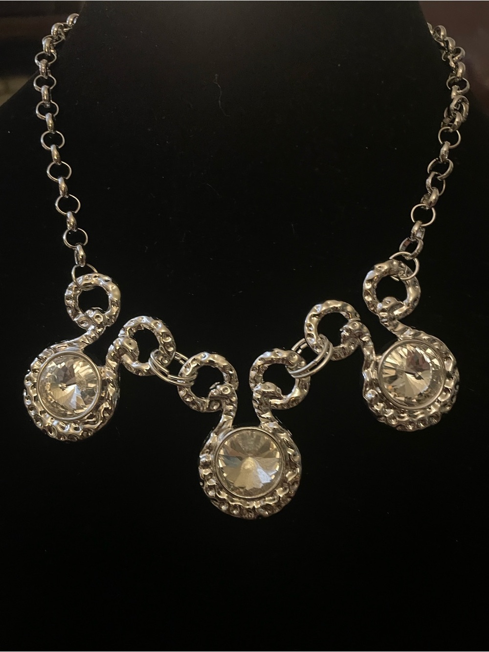 Silver Crystal Drop Statement Necklace - Clear